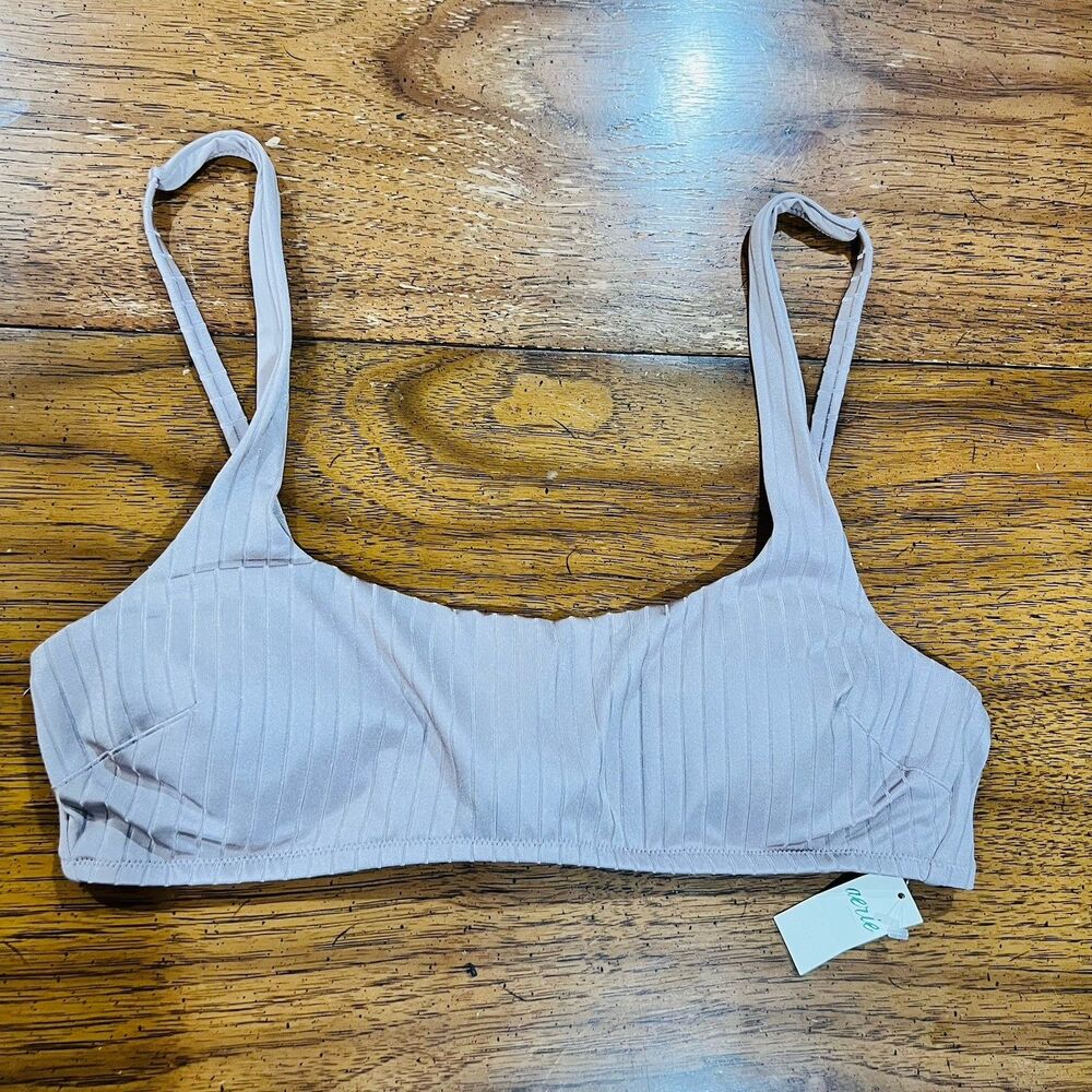 Aerie Womens Ribbed Bandeau Bikini Top Mauve Taupe Tie Back Swimwear Size Large